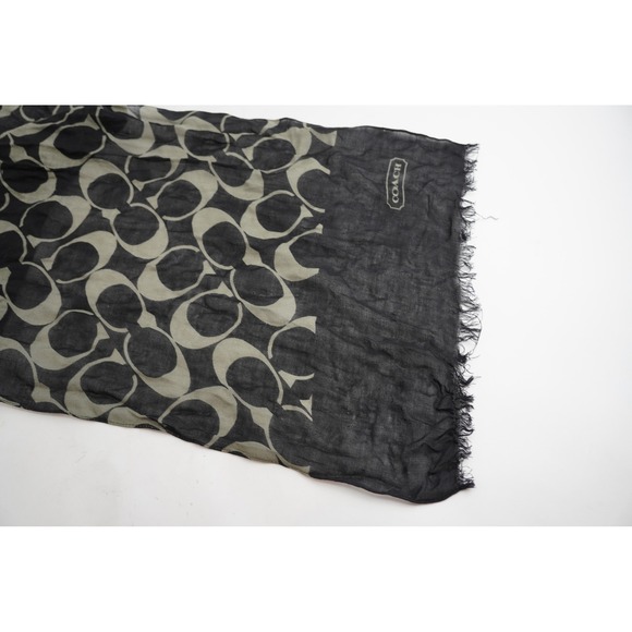 Coach Scarf Womens OS Black Grey Signature C Print Frayed Edge Excellent - Picture 6 of 6
